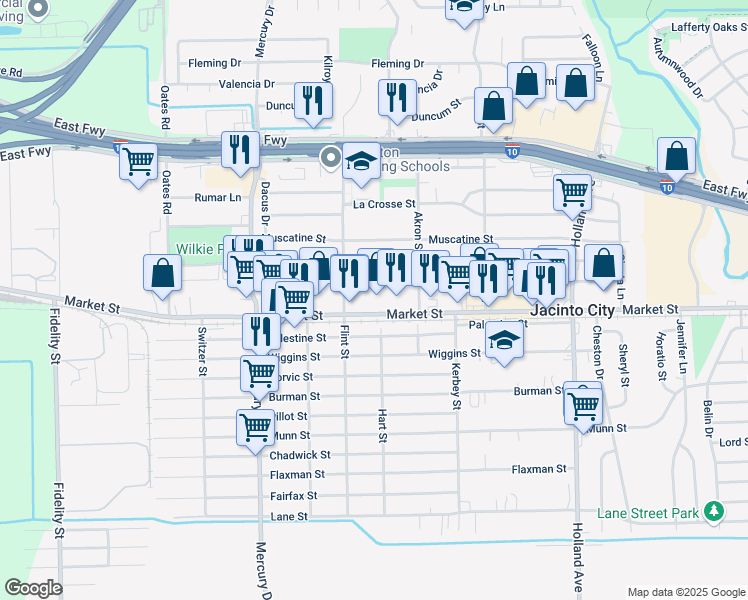 map of restaurants, bars, coffee shops, grocery stores, and more near 10523 Market Street in Houston