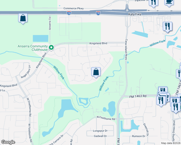 map of restaurants, bars, coffee shops, grocery stores, and more near 28026 Crosswater Lane in Katy