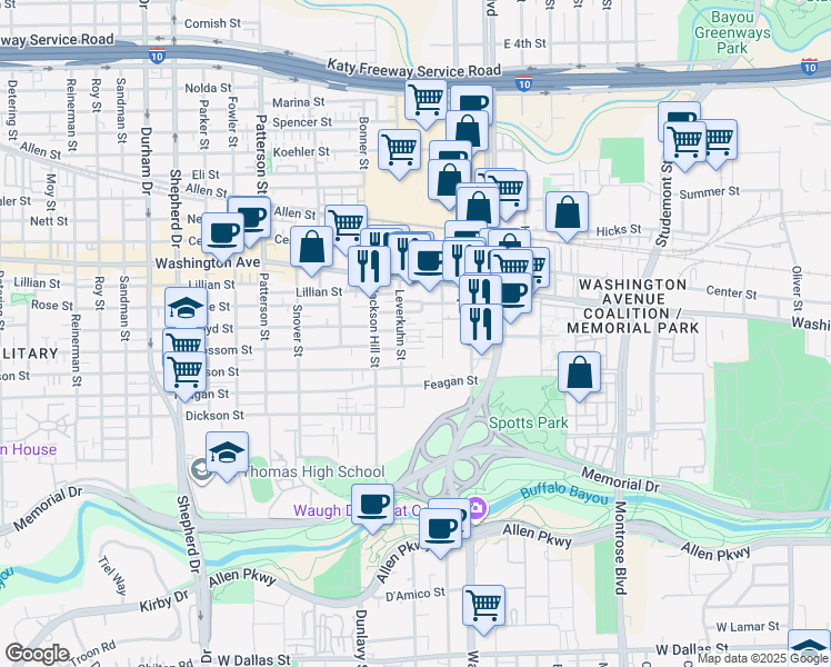 map of restaurants, bars, coffee shops, grocery stores, and more near 3915 Blossom Street in Houston