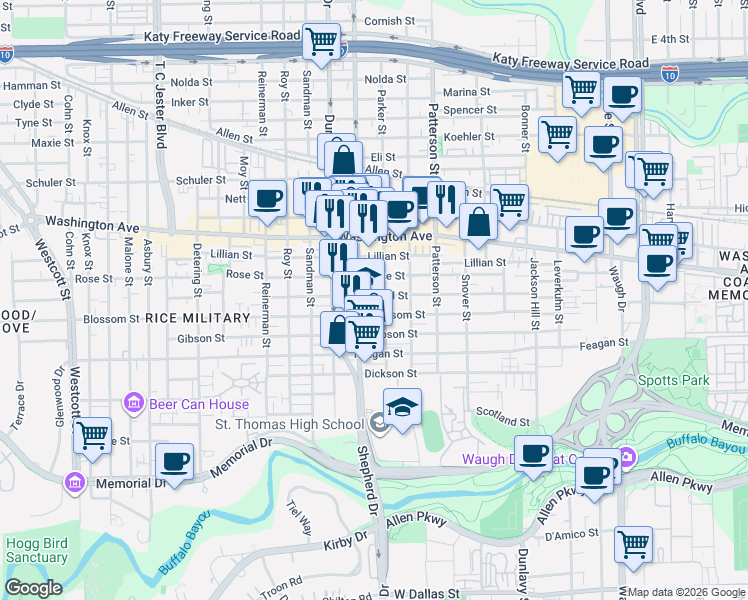 map of restaurants, bars, coffee shops, grocery stores, and more near 518 Shepherd Drive in Houston