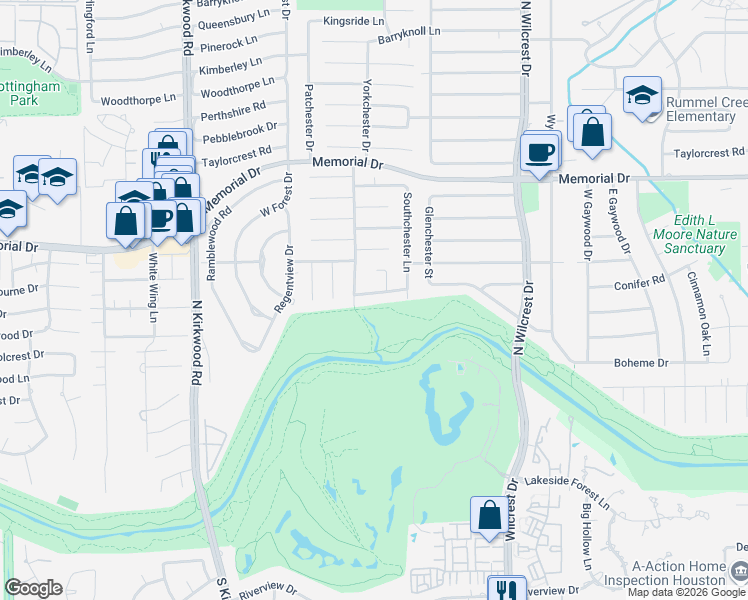 map of restaurants, bars, coffee shops, grocery stores, and more near 13611 Indian Creek Road in Houston