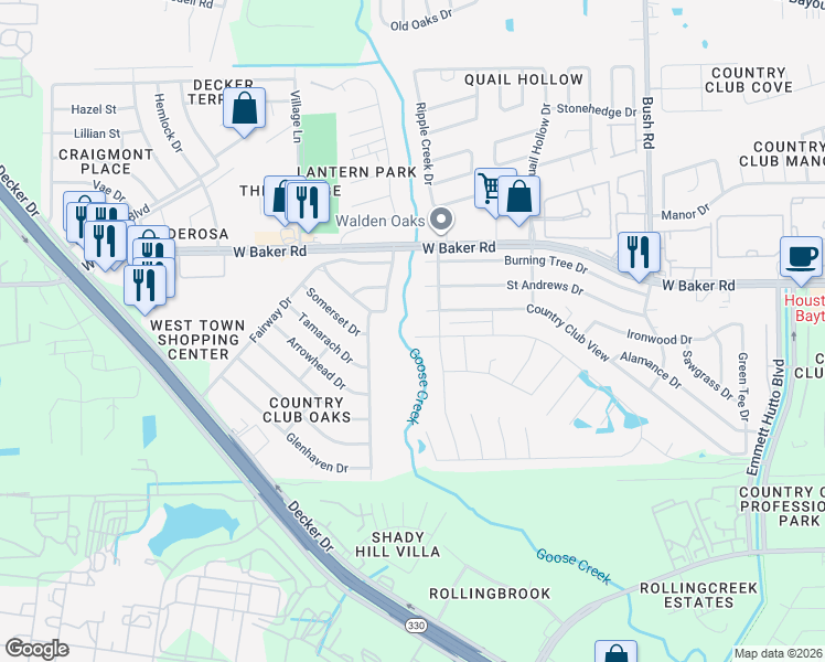 map of restaurants, bars, coffee shops, grocery stores, and more near 3322 Specklebelly Drive in Baytown