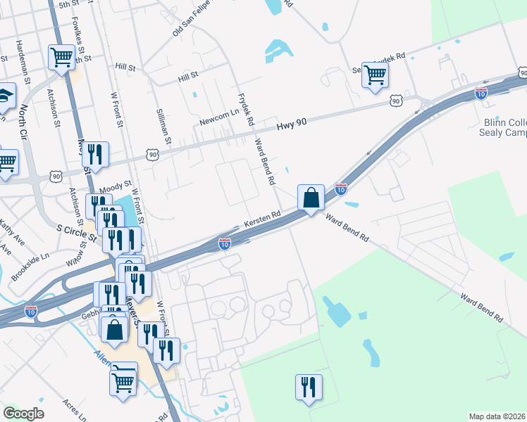 map of restaurants, bars, coffee shops, grocery stores, and more near Interstate 10 in Sealy