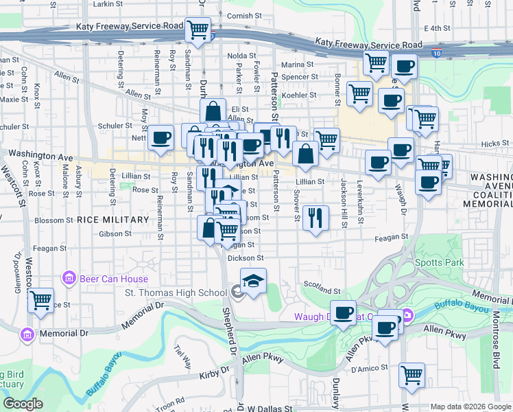 map of restaurants, bars, coffee shops, grocery stores, and more near 627 Fowler Street in Houston