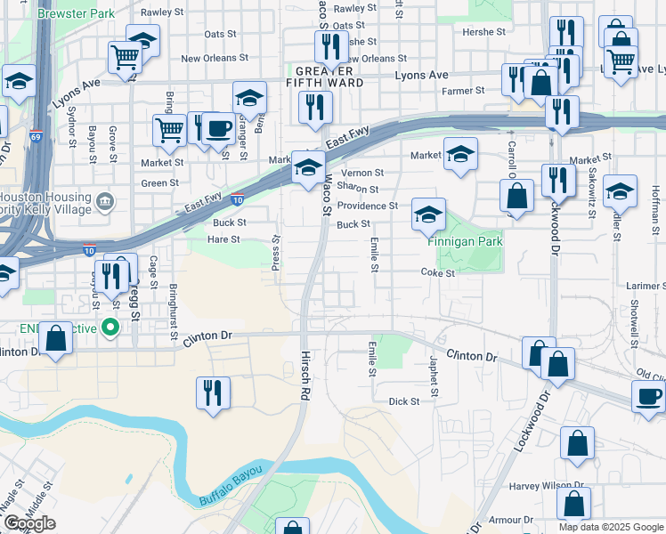map of restaurants, bars, coffee shops, grocery stores, and more near 508 Waco Street in Houston