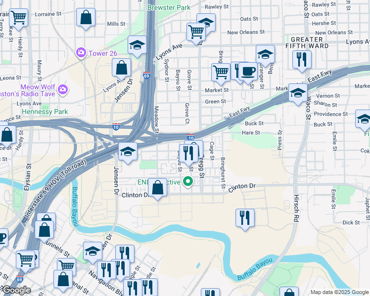 map of restaurants, bars, coffee shops, grocery stores, and more near 3220 Baer Street in Houston