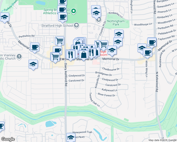 map of restaurants, bars, coffee shops, grocery stores, and more near 558 Winter Oaks Drive in Houston