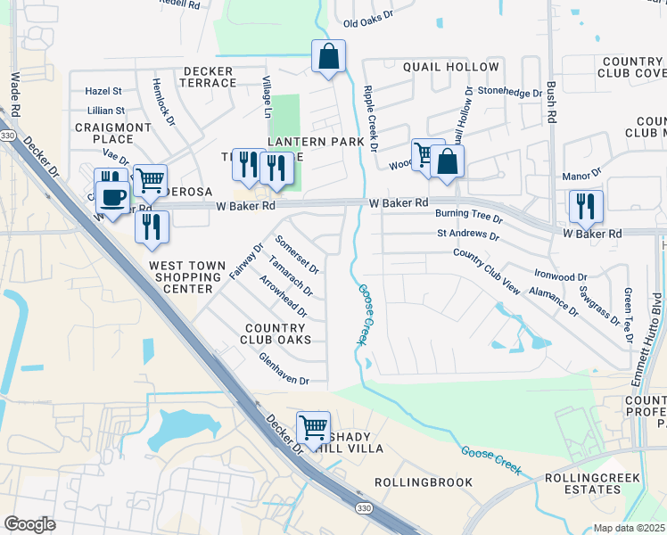 map of restaurants, bars, coffee shops, grocery stores, and more near 5014 Goose Creek Drive in Baytown