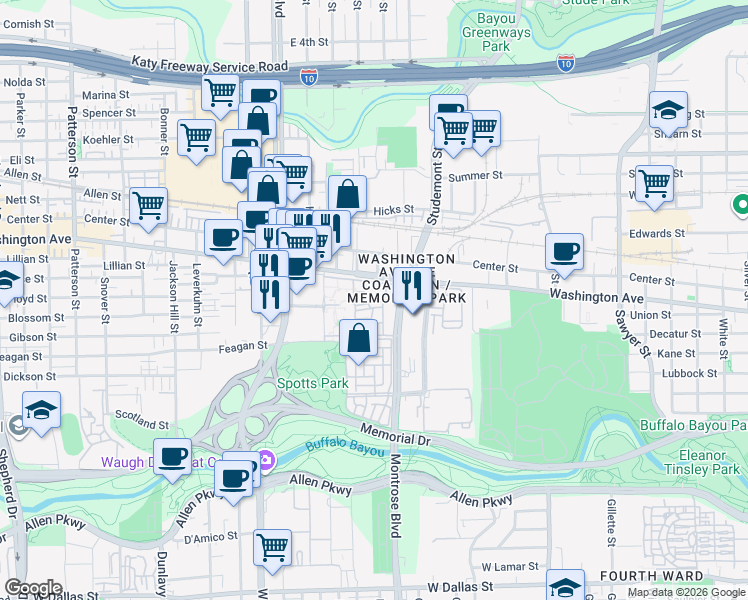 map of restaurants, bars, coffee shops, grocery stores, and more near 201 South Heights Boulevard in Houston
