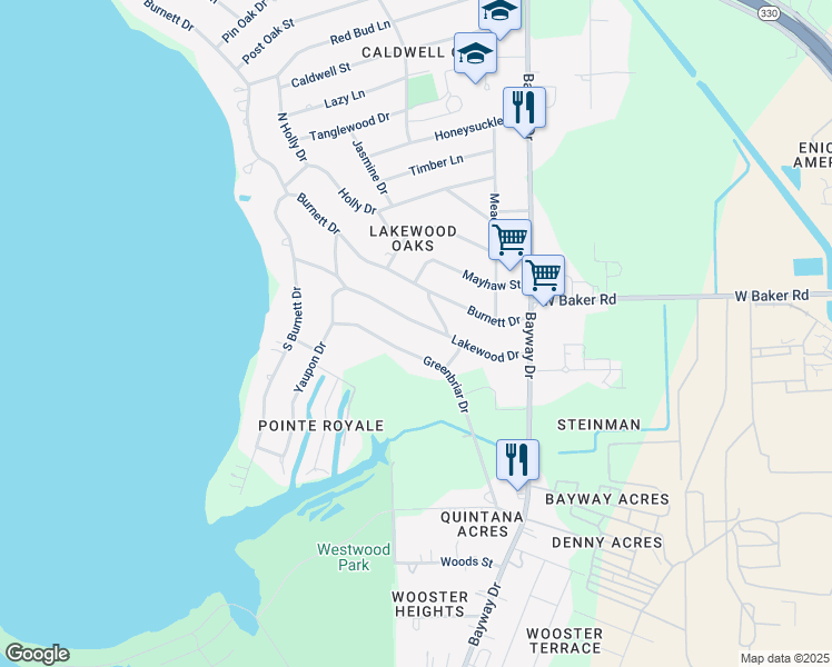 map of restaurants, bars, coffee shops, grocery stores, and more near 206 Lakewood Drive in Baytown