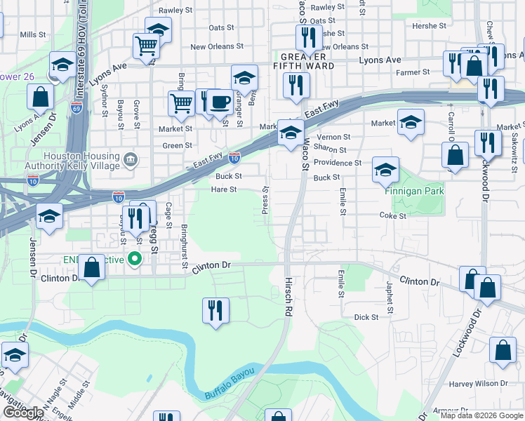 map of restaurants, bars, coffee shops, grocery stores, and more near 659 Press Street in Houston