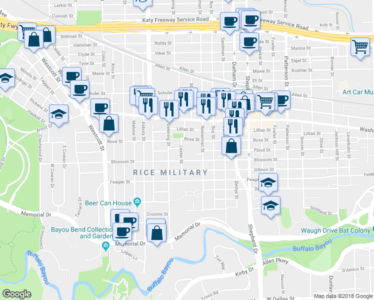 map of restaurants, bars, coffee shops, grocery stores, and more near 638 Lester Street in Houston