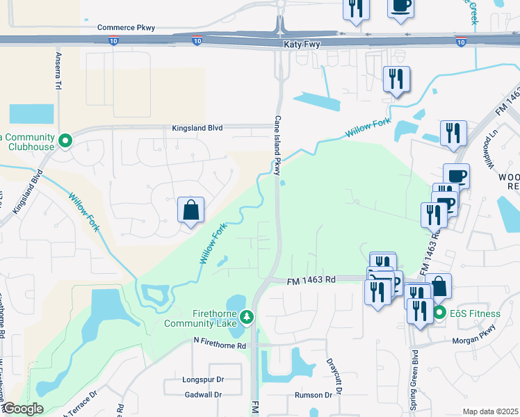map of restaurants, bars, coffee shops, grocery stores, and more near 1427 Willow Bend in Katy