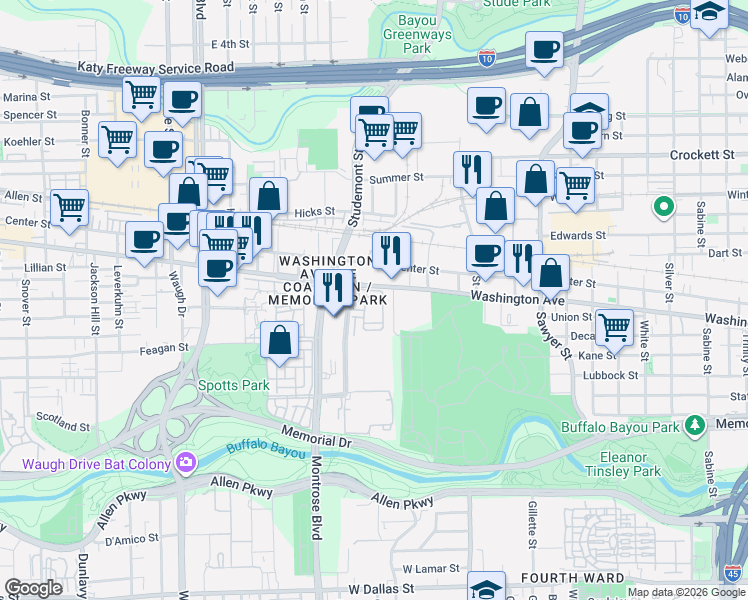 map of restaurants, bars, coffee shops, grocery stores, and more near 3000 Washington Avenue in Houston