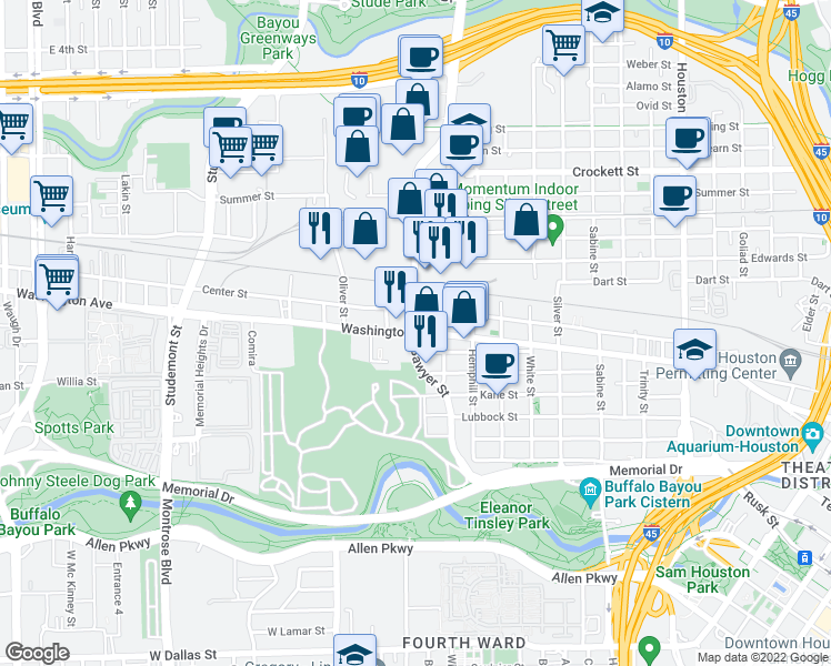 map of restaurants, bars, coffee shops, grocery stores, and more near Washington Ave & Sawyer St in Houston