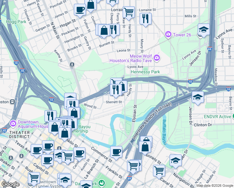 map of restaurants, bars, coffee shops, grocery stores, and more near 1401-1495 Rothwell Street in Houston