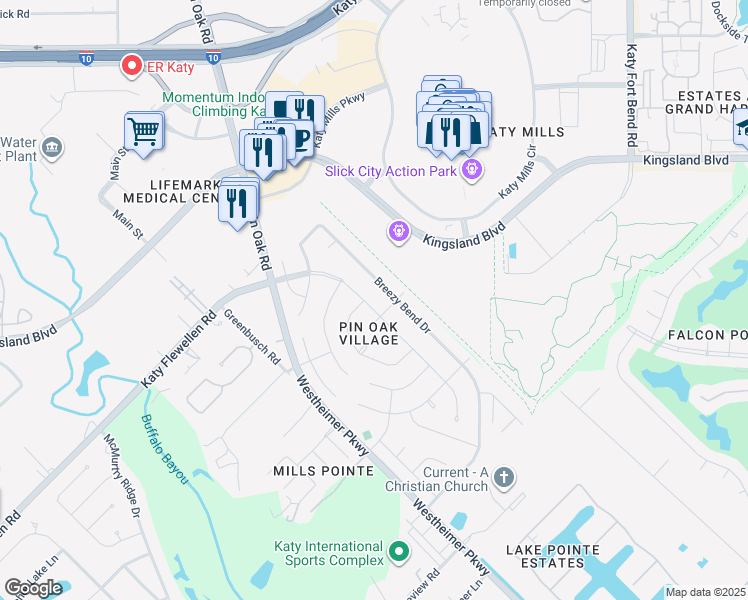 map of restaurants, bars, coffee shops, grocery stores, and more near 1411 Breezy Bend Drive in Katy