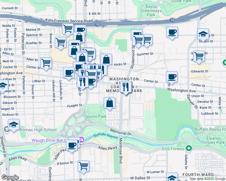 map of restaurants, bars, coffee shops, grocery stores, and more near 201 South Heights Boulevard in Houston