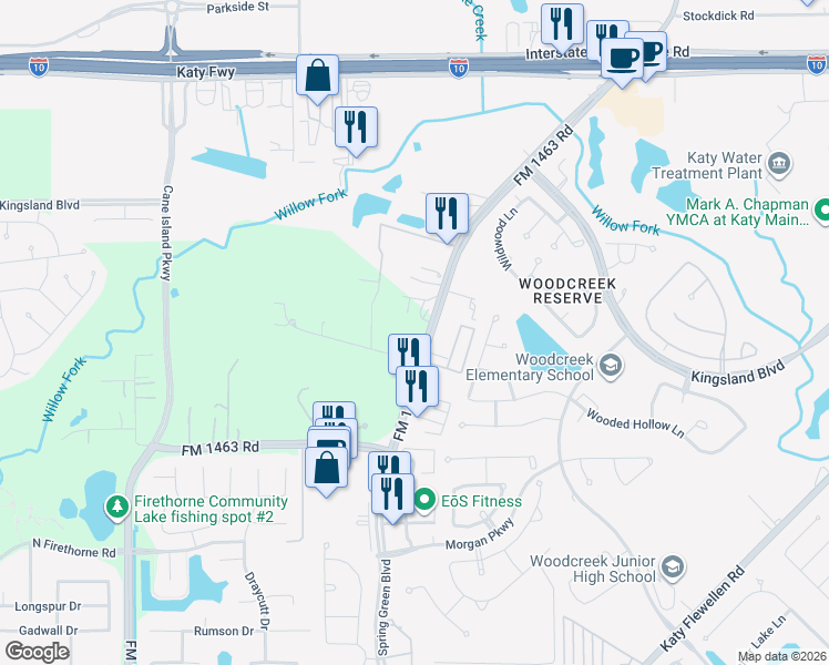map of restaurants, bars, coffee shops, grocery stores, and more near 1322 Farm to Market 1463 in Katy