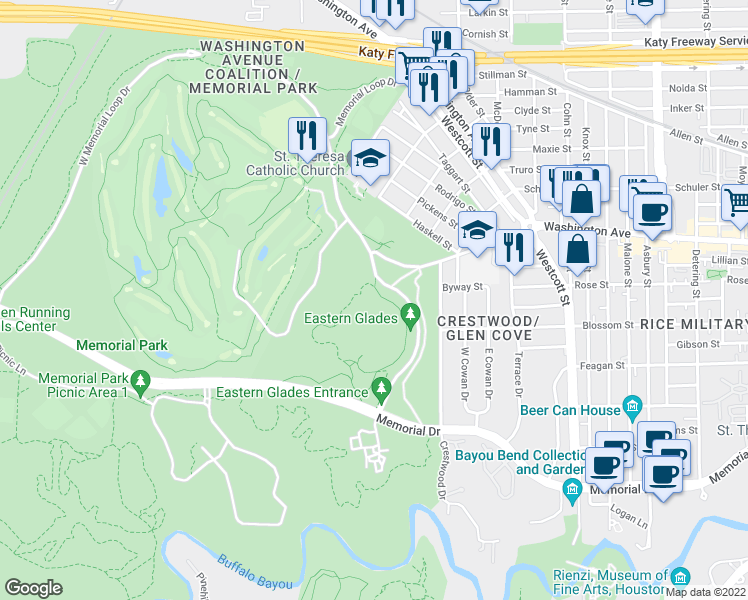map of restaurants, bars, coffee shops, grocery stores, and more near 544 East Memorial Loop Drive in Houston