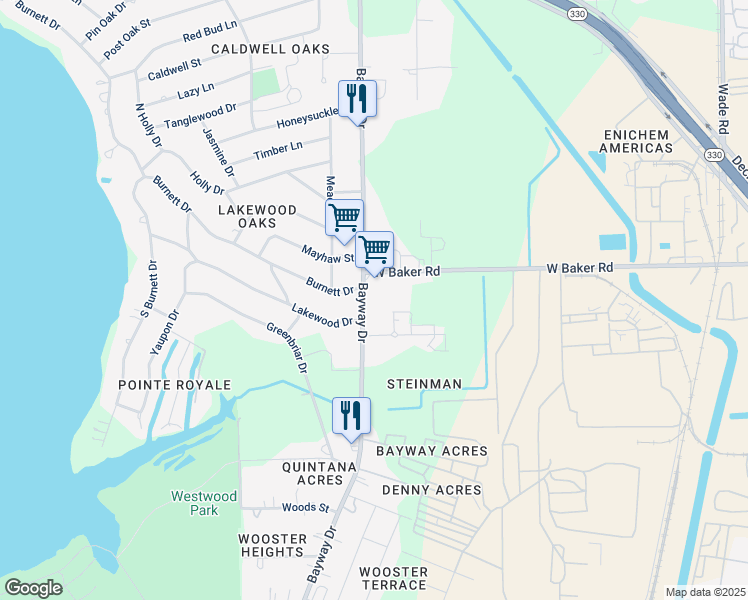 map of restaurants, bars, coffee shops, grocery stores, and more near 6001 West Baker Road in Baytown