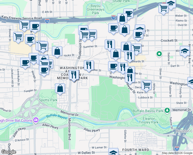 map of restaurants, bars, coffee shops, grocery stores, and more near 2802 Washington Avenue in Houston