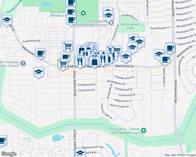 map of restaurants, bars, coffee shops, grocery stores, and more near 618 Winter Oaks Drive in Houston
