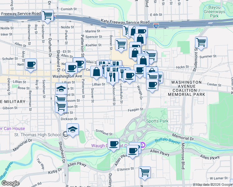map of restaurants, bars, coffee shops, grocery stores, and more near 4012 Barnes Street in Houston