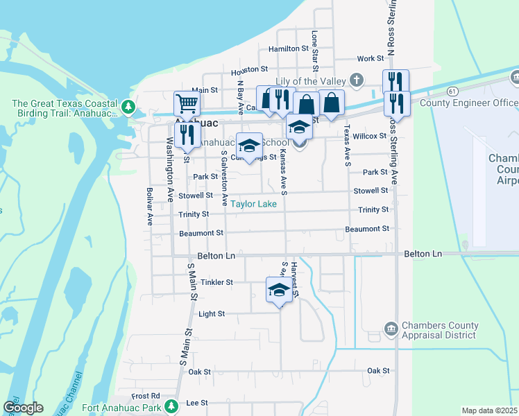 map of restaurants, bars, coffee shops, grocery stores, and more near in Anahuac
