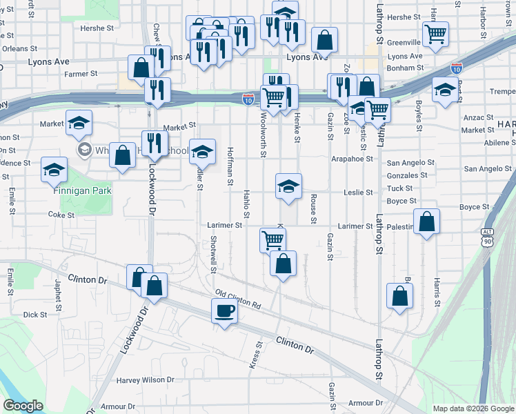 map of restaurants, bars, coffee shops, grocery stores, and more near 1102 Woolworth Street in Houston