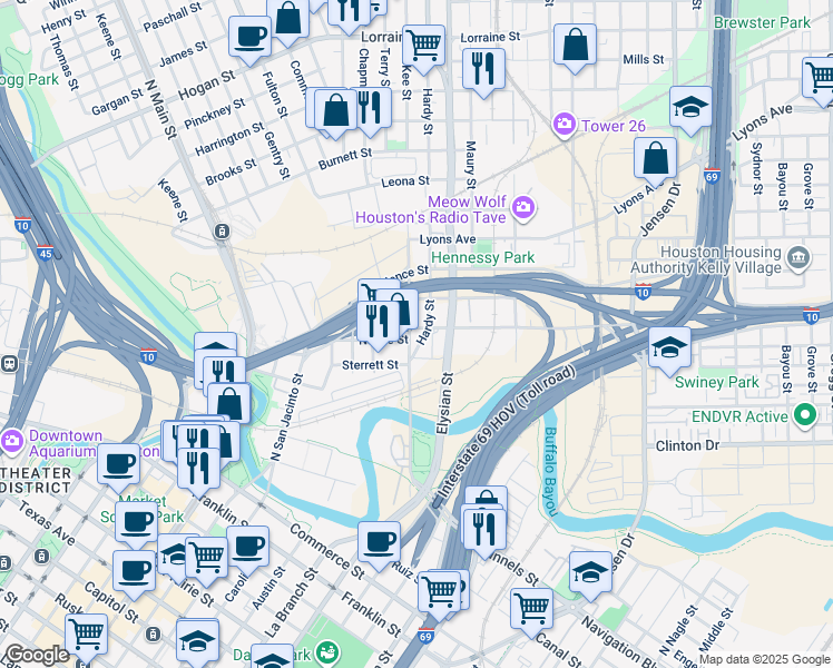 map of restaurants, bars, coffee shops, grocery stores, and more near 909 McKee Street in Houston