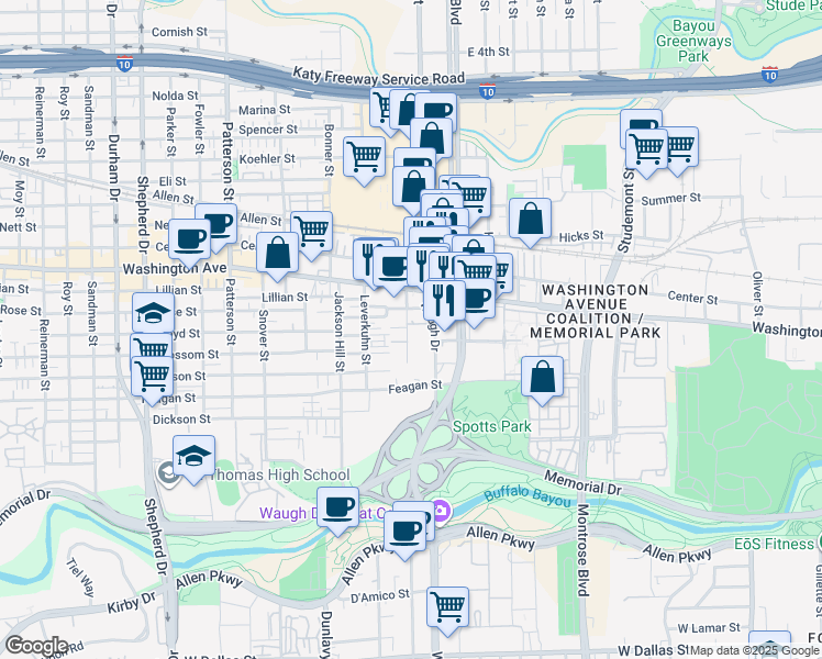 map of restaurants, bars, coffee shops, grocery stores, and more near 20 Waugh Drive in Houston