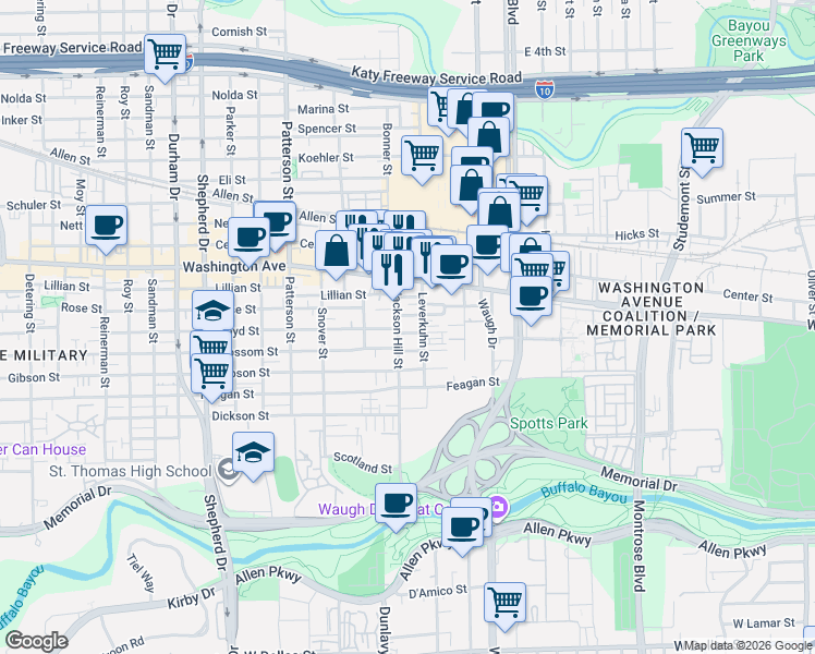 map of restaurants, bars, coffee shops, grocery stores, and more near 4012 Barnes Street in Houston
