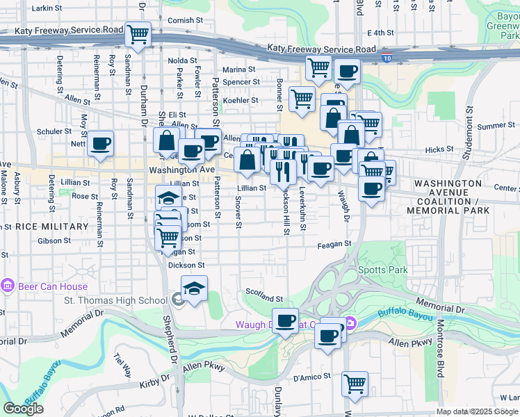 map of restaurants, bars, coffee shops, grocery stores, and more near 816 Olive Street in Houston