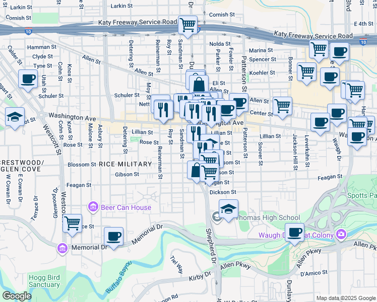 map of restaurants, bars, coffee shops, grocery stores, and more near 4817 Rose Street in Houston