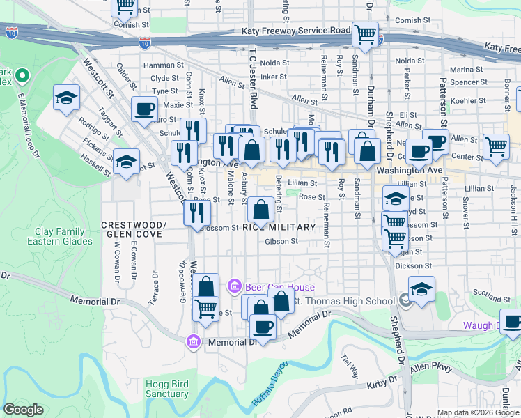 map of restaurants, bars, coffee shops, grocery stores, and more near 5510 Rose Street in Houston