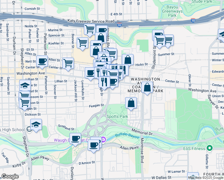 map of restaurants, bars, coffee shops, grocery stores, and more near 145 South Heights Boulevard in Houston