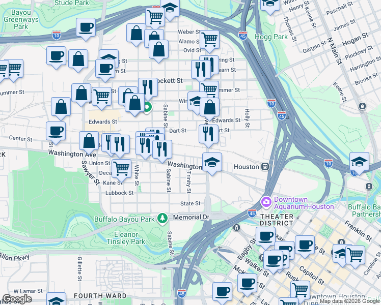 map of restaurants, bars, coffee shops, grocery stores, and more near 1615 Dart Street in Houston