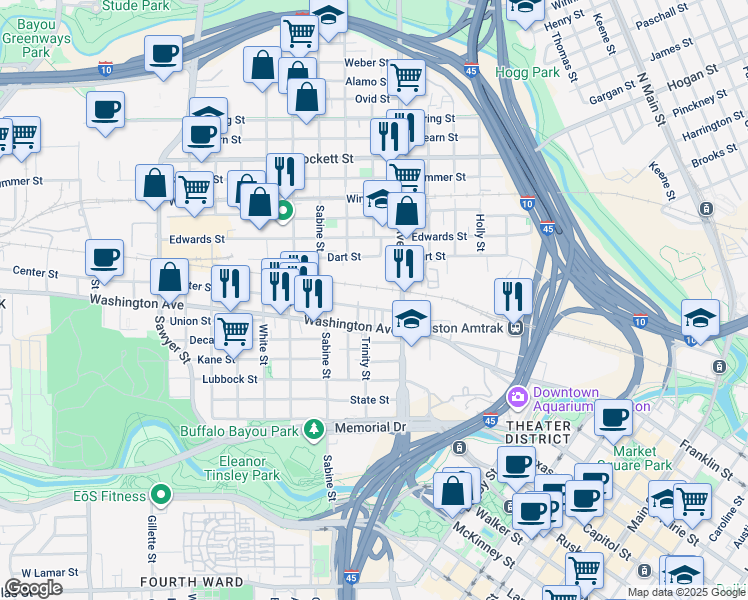 map of restaurants, bars, coffee shops, grocery stores, and more near 1520 Center Street in Houston