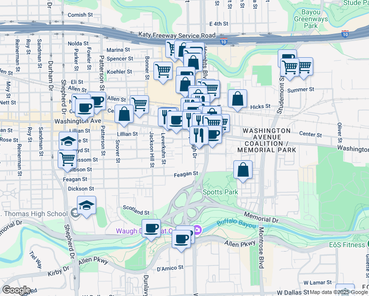 map of restaurants, bars, coffee shops, grocery stores, and more near 20 Waugh Drive in Houston