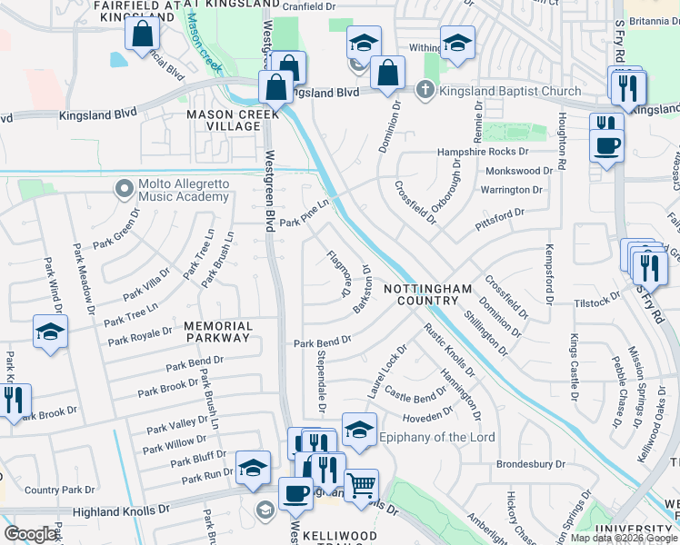 map of restaurants, bars, coffee shops, grocery stores, and more near 1042 Barkston Drive in Katy