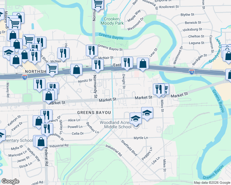 map of restaurants, bars, coffee shops, grocery stores, and more near 12869 Market Street in Houston