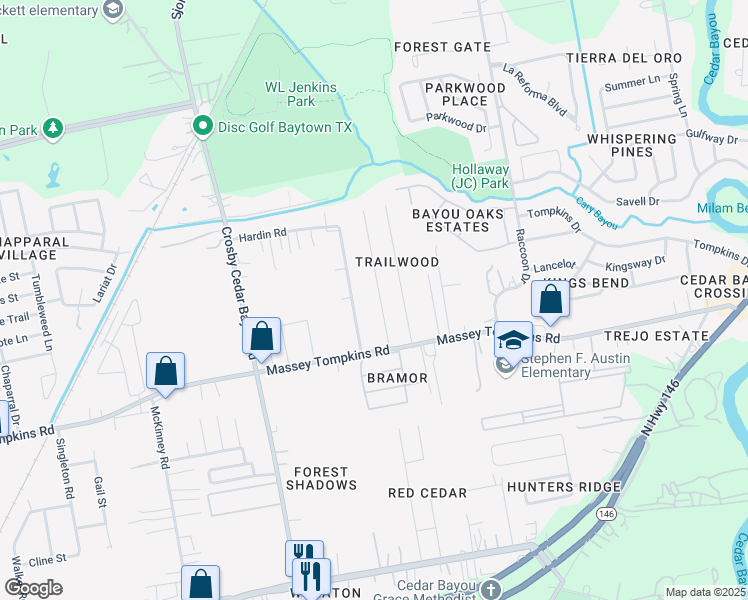 map of restaurants, bars, coffee shops, grocery stores, and more near 3903 Cary Creek Drive in Baytown