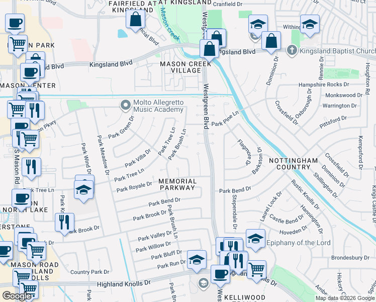 map of restaurants, bars, coffee shops, grocery stores, and more near 20918 Park Brush Court in Katy