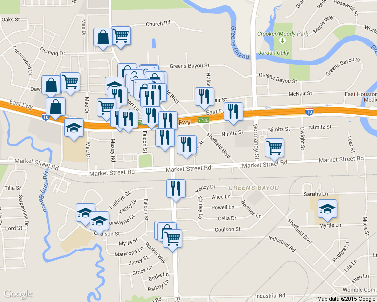 map of restaurants, bars, coffee shops, grocery stores, and more near 1213 Federal Road in Houston