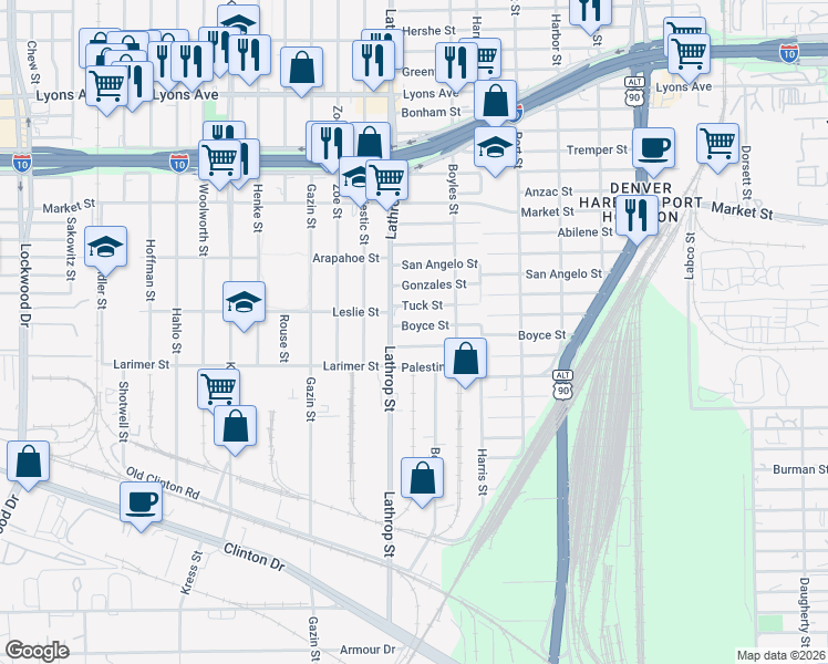map of restaurants, bars, coffee shops, grocery stores, and more near in Houston