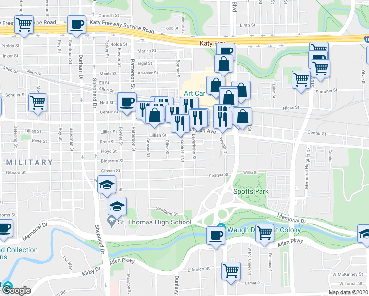 map of restaurants, bars, coffee shops, grocery stores, and more near 4012 Barnes Street in Houston