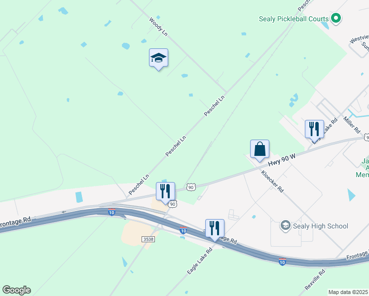 map of restaurants, bars, coffee shops, grocery stores, and more near 1439 Peschel Lane in Sealy