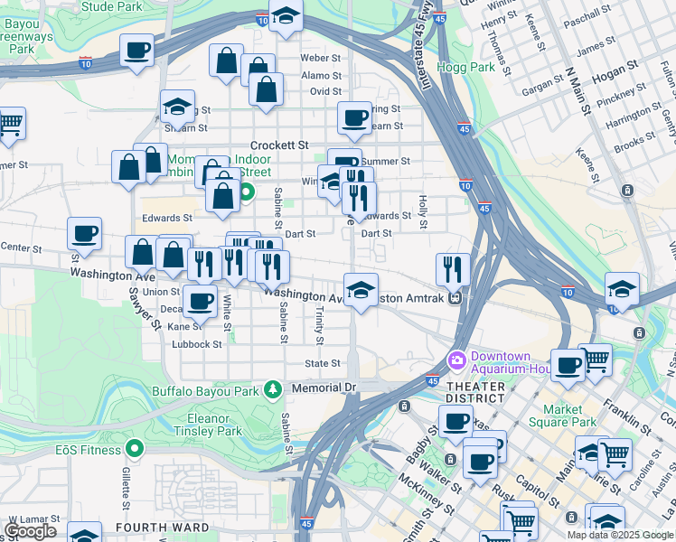 map of restaurants, bars, coffee shops, grocery stores, and more near 77001 Railroad in Houston