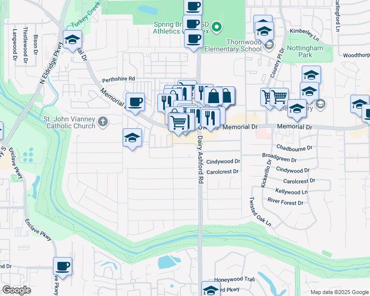 map of restaurants, bars, coffee shops, grocery stores, and more near 611 Dairy Ashford Road in Houston